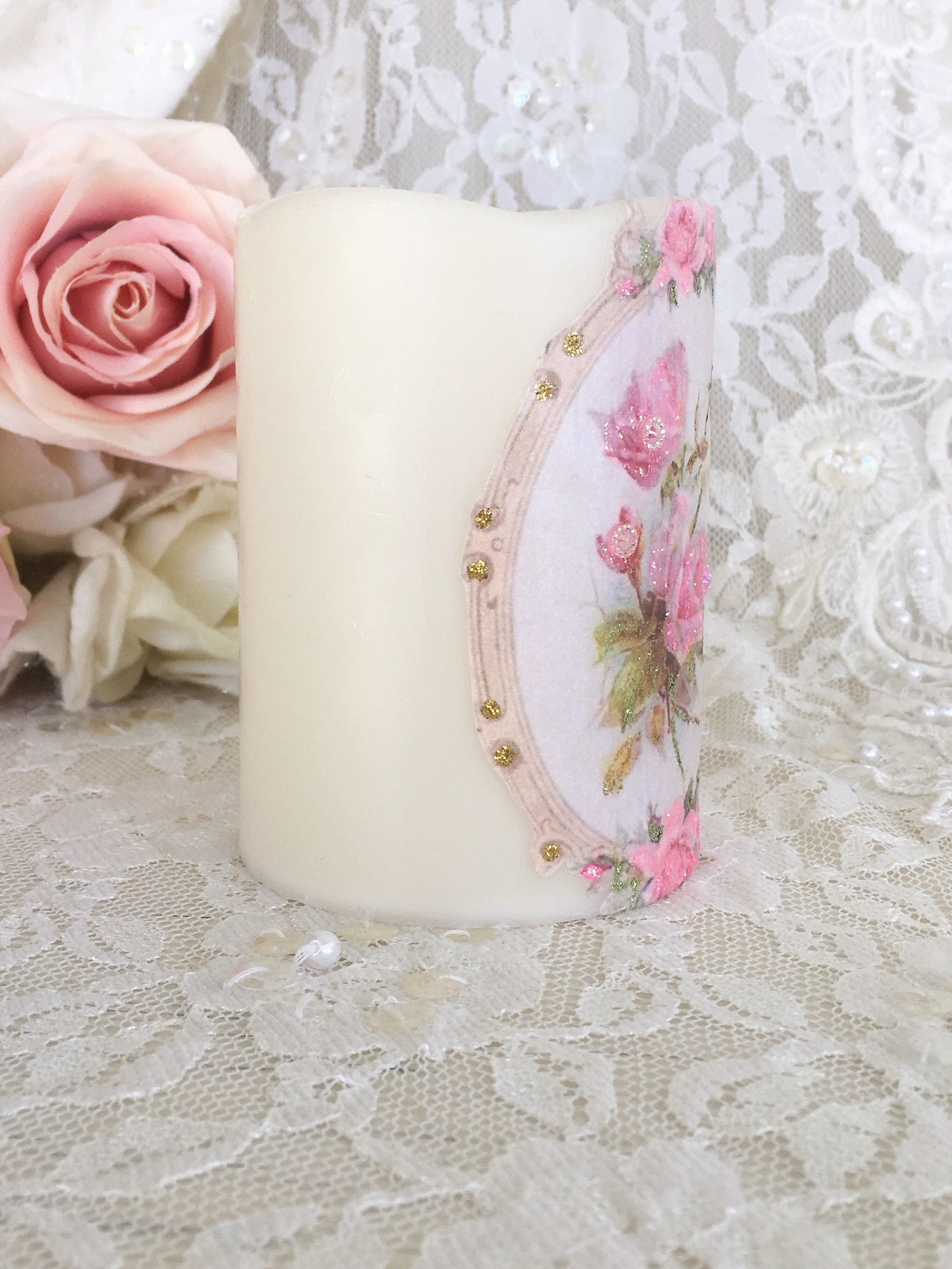 Shabby Pink Roses Flameless Candle: Cottage Chic LED Decor - Etsy