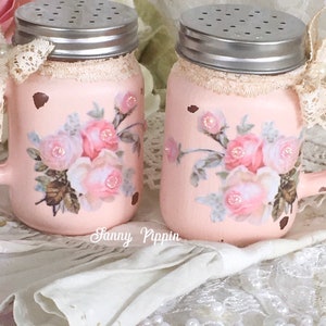 Shabby Roses Salt & Pepper Shaker set, Vintage pink kitchen, shabby pink kitchen, shabby cottage chic, vintage camper decor, Fanny Pippin