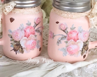 Shabby Roses Salt & Pepper Shaker set, Vintage pink kitchen, shabby pink kitchen, shabby cottage chic, vintage camper decor, Fanny Pippin