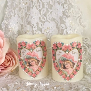 Shabby Pink Valentine’s Day Candle, Flameless Candles with Victorian Heart Roses, Wax LED Candles, Pink Rose Decor, Shabby Cottage Chic