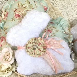 Fluffy Bunny Pillow Chenille Pillow, Shabby Rose Easter Pillow Decor, Sherpa Minky Fabric Bunny Decor, Shabby Vintage Decor, Fanny Pippin