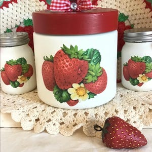 Vintage Strawberry Kitchen Jar Decor Storage Red & White Gingham Bow Accent Retro 1950’s style Kitchen Cottagecore Aesthetic Fanny Pippin