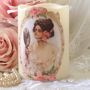 Shabby Pink Flameless Candles with Victorian Lady Pink Roses Wax LED Candles Fall Decor Shabby Cottage Chic Romantic Lighting, FannyPippin