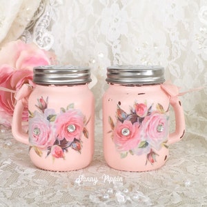 Shabby Salt & Pepper Shaker set, Pink Roses, Vintage pink kitchen, shabby pink kitchen, shabby cottage chic, vintage camper decor, fanny pip