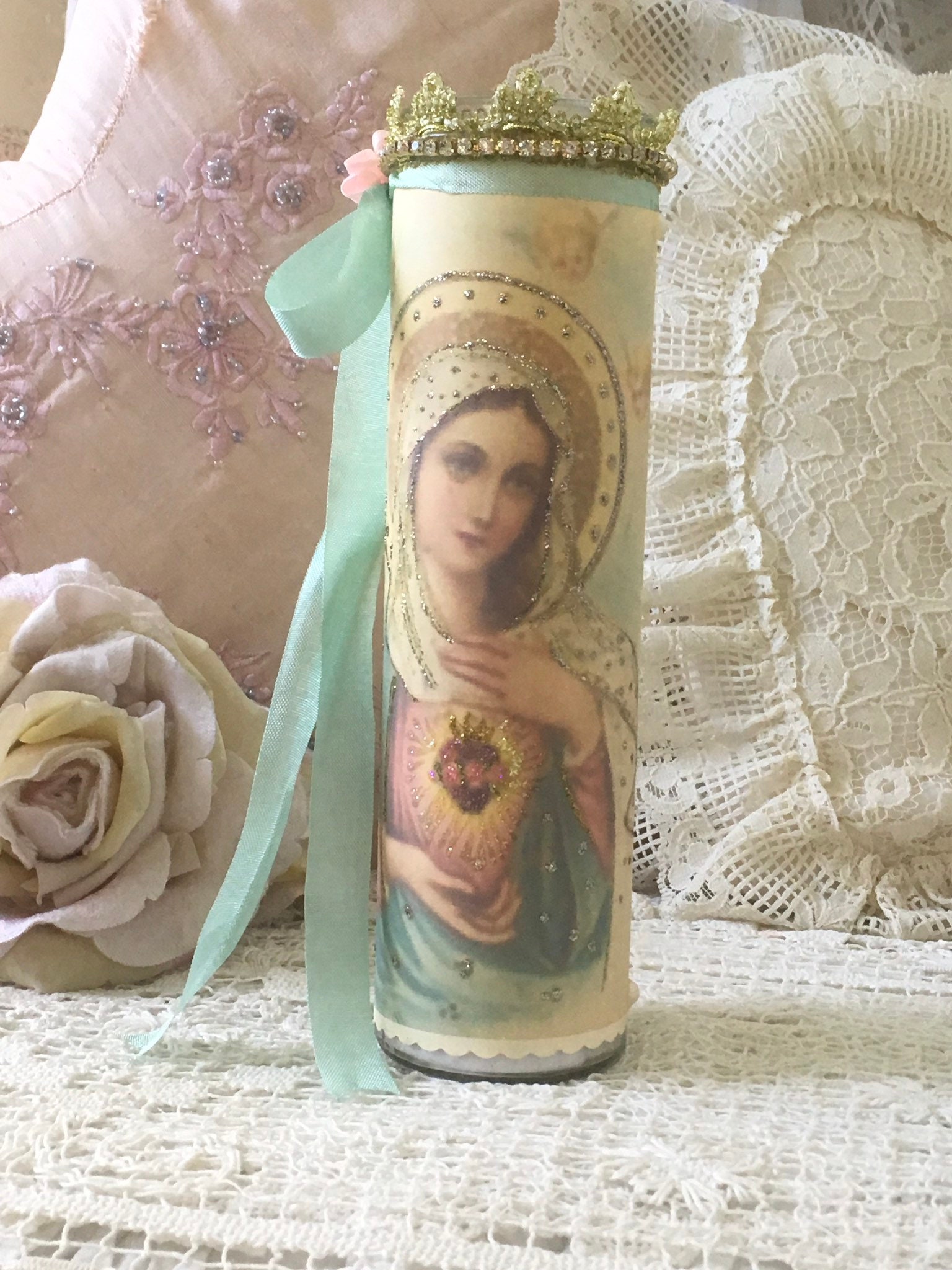 Shabby Virgin Mary Prayer Candle Madonna religious candle Etsy