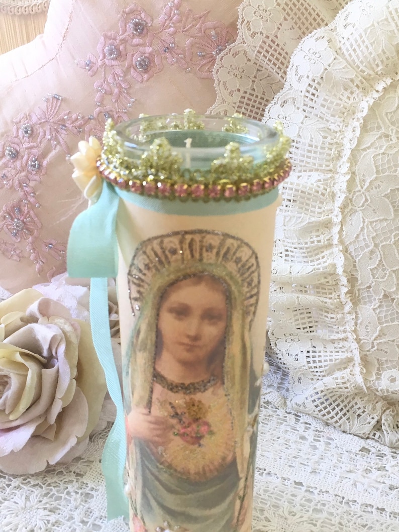 Virgin Mary Prayer Candle Religious Candle Shabby Madonna Etsy