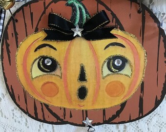 Hand Painted Primitive Halloween Ornament: Vintage Jack O'Lantern or Black Cat