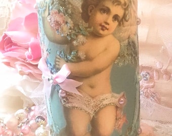 Shabby Victorian Cherub Valentines Day Candle, flameless candle, battery operated timer candle, shabby cottage chic, Fanny Pippin