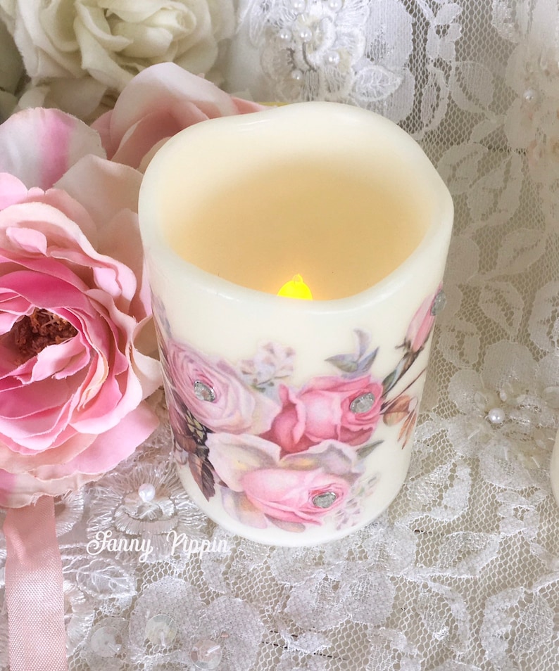 Shabby Pink Flameless Candles Pink Roses Wax LED Candles Etsy