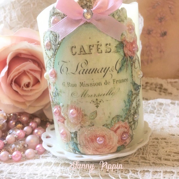 Shabby Rose Flameless Candle, French Decor, Shabby Pink Roses, Wax LED Flickering Candle, Shabby Cottage Chic, Fanny Pippin