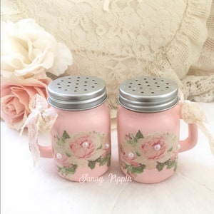 Shabby Salt & Pepper Shaker set, Pink Roses, Vintage pink kitchen, shabby pink kitchen, shabby cottage chic, vintage camper decor, fanny pip