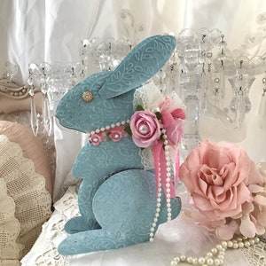 Shabby Easter Bunny, Pink Rose Decor, Vintage Blue Tin Bunny Rabbit, Shabby Pink Roses, Pink Easter Decor, Shabby Cottage Chic, Fanny Pippin image 3