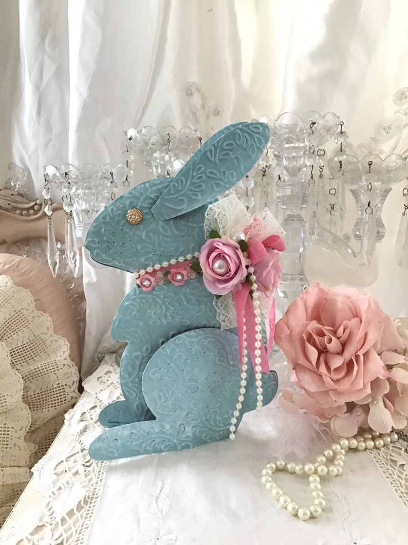 Shabby Easter Bunny, Pink Rose Decor, Vintage Blue Tin Bunny Rabbit, Shabby Pink Roses, Pink Easter Decor, Shabby Cottage Chic, Fanny Pippin image 3