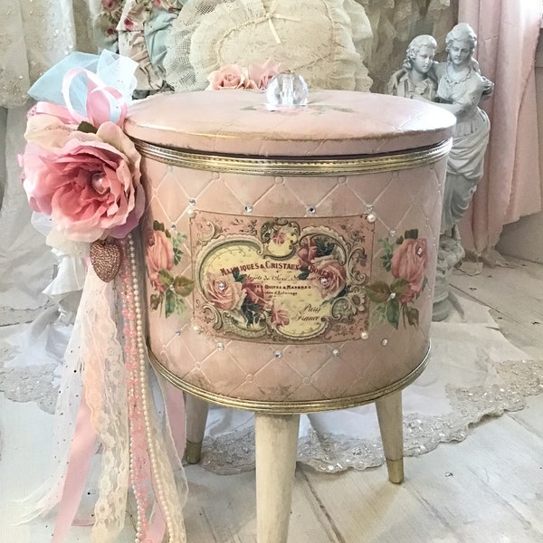 Shabby Pink Sewing Barrel Storage, Large Pink Painted Basket with lid, French Cottage Chic, French decor, Storage container, Fanny Pippin