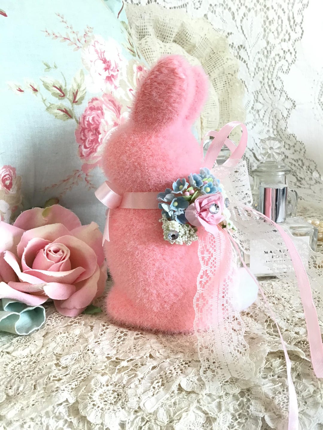Shabby Pink Flocked Easter Bunny, Tiered Tray Decor, Rabbit Statue ...