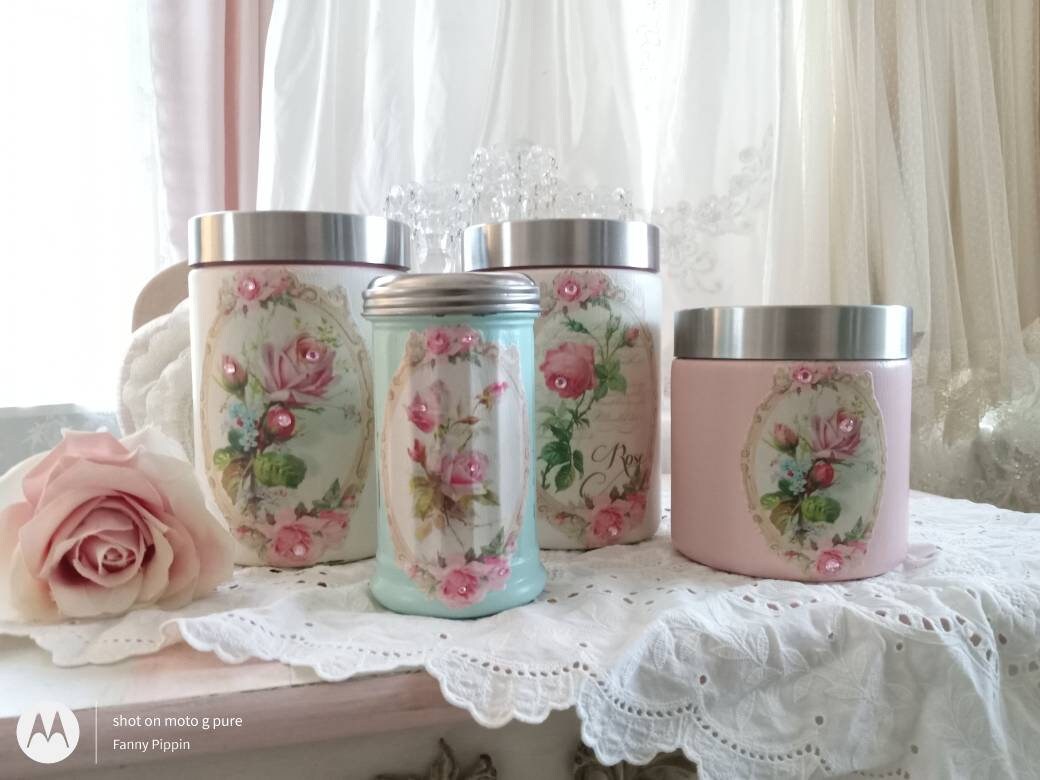 Shabby Chic Canister Jar Set: Vintage Pink Rose Decor, Cottage Style - Etsy