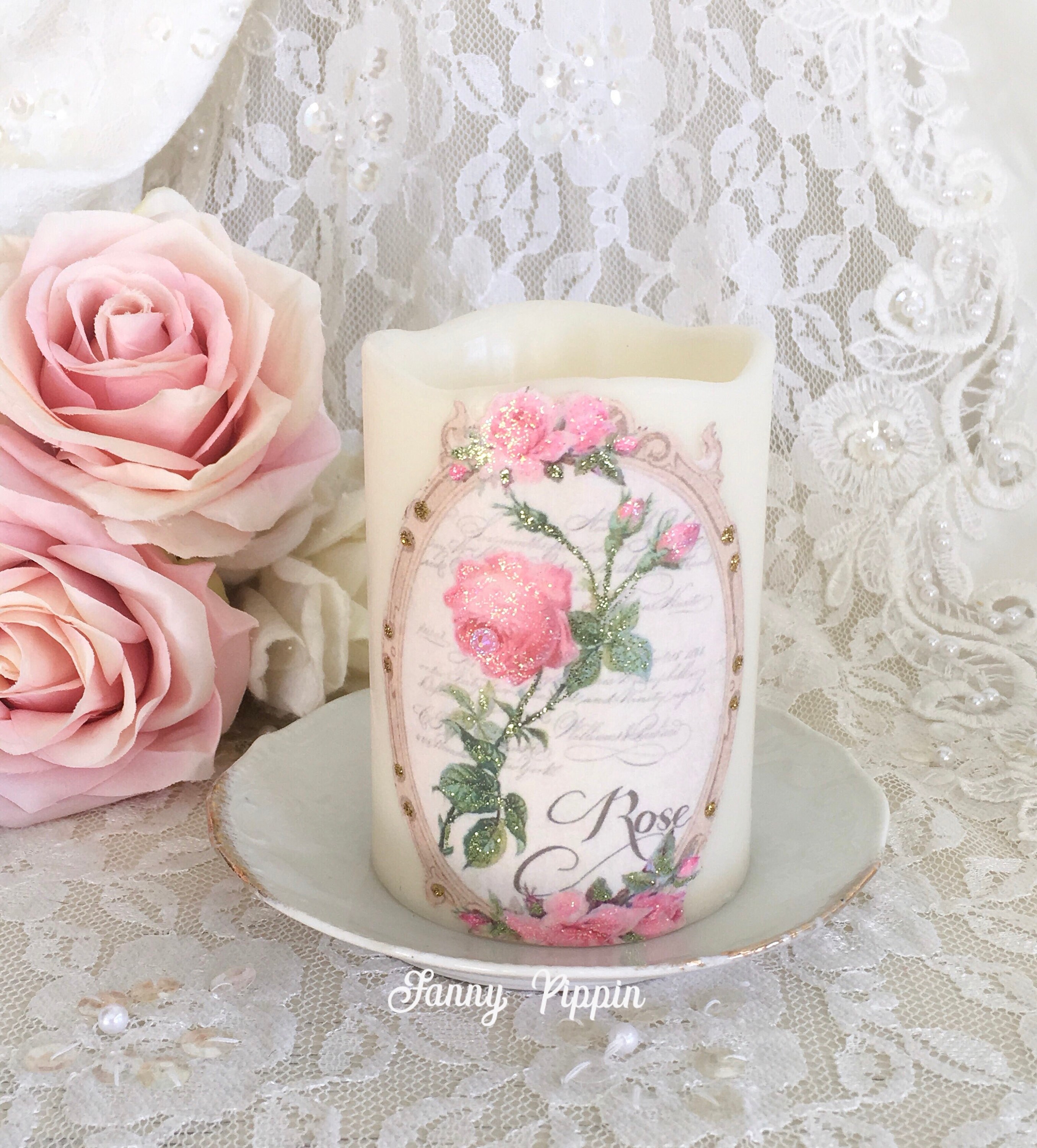 Shabby Pink Rose Candle, Wax LED Candles, Flameless Candles, Shabby Pink Decor Shabby Cottage Chic, Romantic Lighting, Fanny Pippin
