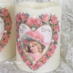 Shabby Pink Rose Valentine’s Day Candle, Flameless Candles with Victorian Pink Roses, Wax LED Candles, Pink Rose Decor, Shabby Cottage Chic