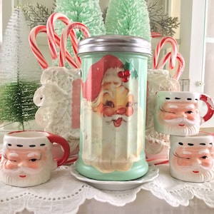 Vintage Christmas Kitchen Decor, Sugar Jar, Jadeite style green and red kitchen, Retro Kitsch Christmas Santa Christmas , Fanny Pippin