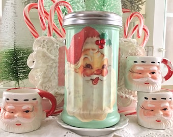 Vintage Christmas Kitchen Decor, Sugar Jar, Jadeite style green and red kitchen, Retro Kitsch Christmas Santa Christmas , Fanny Pippin