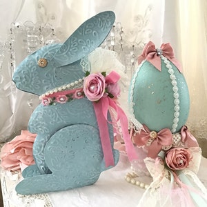 Shabby Easter Bunny, Pink Rose Decor, Vintage Blue Tin Bunny Rabbit, Shabby Pink Roses, Pink Easter Decor, Shabby Cottage Chic, Fanny Pippin image 2
