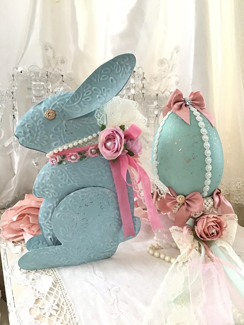 Shabby Easter Bunny, Pink Rose Decor, Vintage Blue Tin Bunny Rabbit, Shabby Pink Roses, Pink Easter Decor, Shabby Cottage Chic, Fanny Pippin image 2