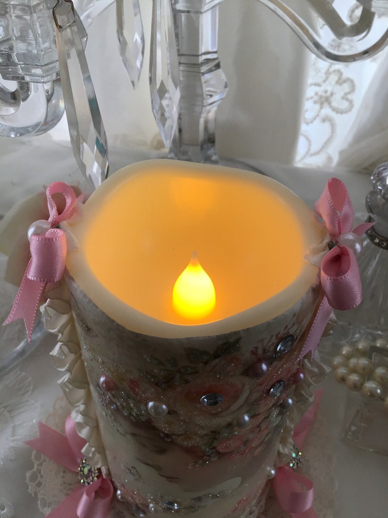 Shabby Pink Rose Flameless Candle, Decorated Wax Candle, Vintage Pink Lady Decor, Shabby Cottage Chic, Romantic Lighting, Fanny Pippin image 10