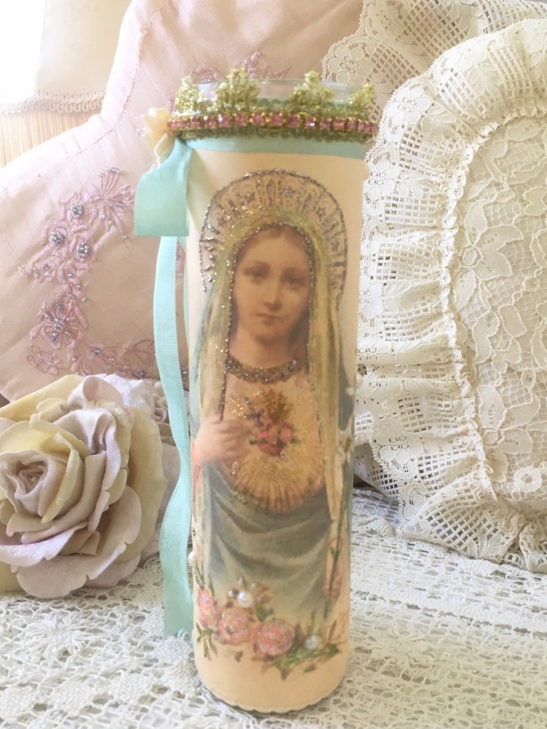 Virgin Mary Prayer Candle Religious Candle Shabby Madonna Etsy