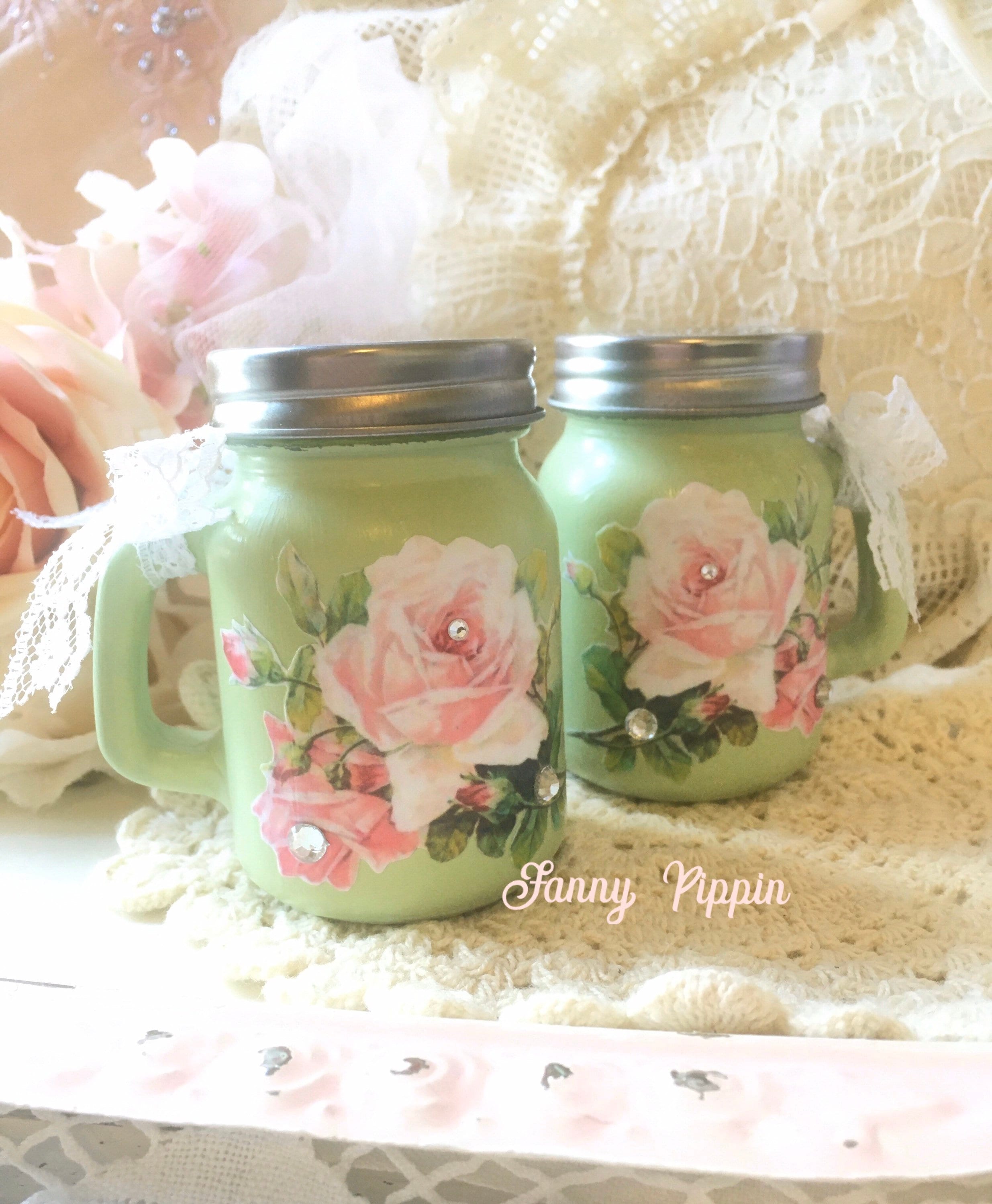 Vintage Jadeite Green Rose Salt & Pepper Shaker Set: Shabby