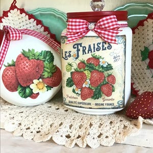 Strawberry Kitchen Decor Storage Jar Red & White Gingham Bow Accent Retro 1950’s style Kitchen Cottagecore kitchen decor gift Fanny Pippin