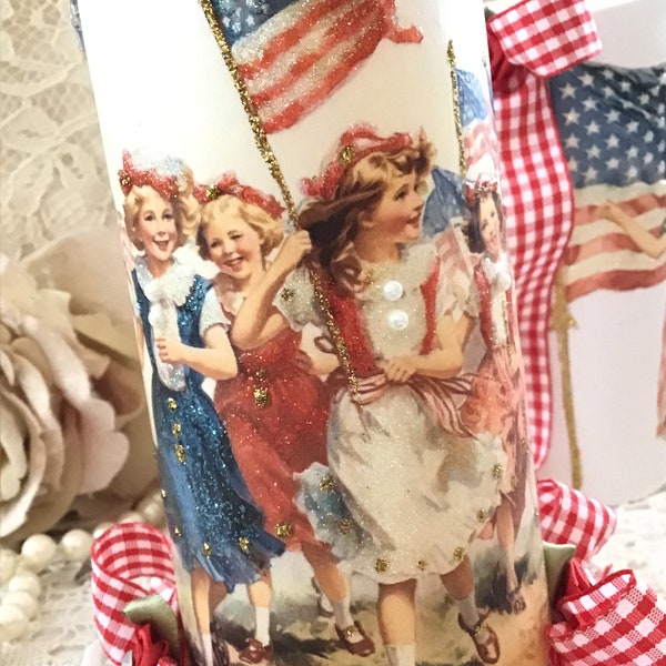 Memorial Day Flameless Candle, Vintage Patriotic Decor, Shabby Victorian, Vintage Americana Decor, shabby cottage chic, Fanny Pippin