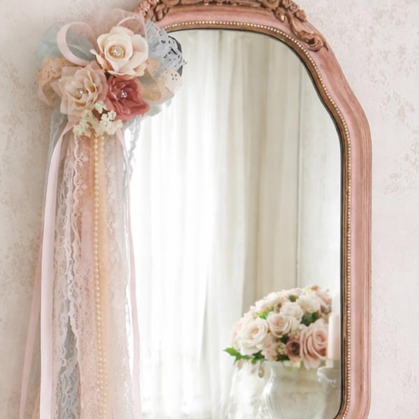 Shabby Chic Pink Ornate Mirror, Gold Accents, Floral Embellishment, Romantic Decor