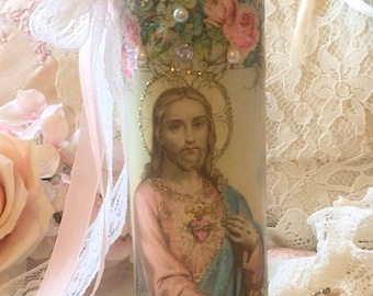 Sacred Heart Jesus Prayer Candle: Shabby Chic Altar Decor