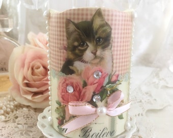 Victorian Cat Flameless Candle, Vintage Cat Decor, Pink Roses, LED candle, battery operated candle, shabby cottage chic, Fanny Pippin