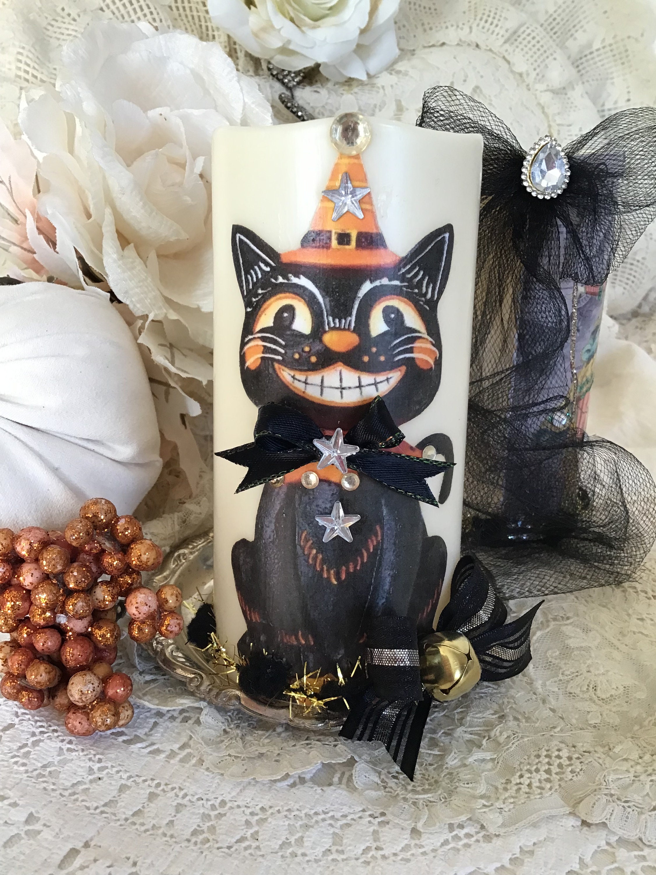 Vintage Halloween Black Cat Flameless Candle: Folk Art Decor