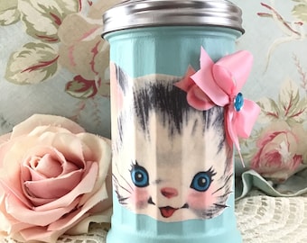 Vintage Kitty Cat Shaker-burk: Atomic Blue Retro köksinredning
