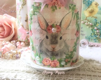 Shabby Victorian Bunny flameless candle, Pink Roses, Kitchen decor, Battery operated candle, LED Candle, cottage chic, Fanny Pippin