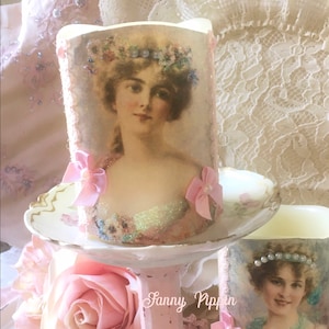 Bougie victorienne sans flamme, roses roses minables, bougie vacillante LED en cire, chalet shabby chic, Fanny Pippin