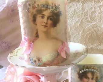 Victorian Lady Flameless Candle, Shabby Pink Roses, Wax LED Flickering Candle, Shabby Cottage chic, Fanny Pippin