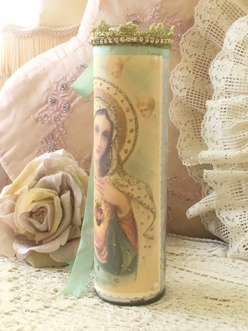 Shabby Virgin Mary Prayer Candle Madonna Religious Candle Etsy