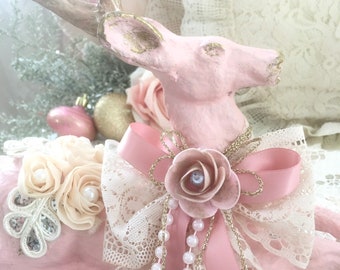 Shabby Pink Deer Statue, Pink Christmas, shabby cottage chic, sitting deer statue, Rustic French farmhouse, cabin lodge decor, fanny Pippin