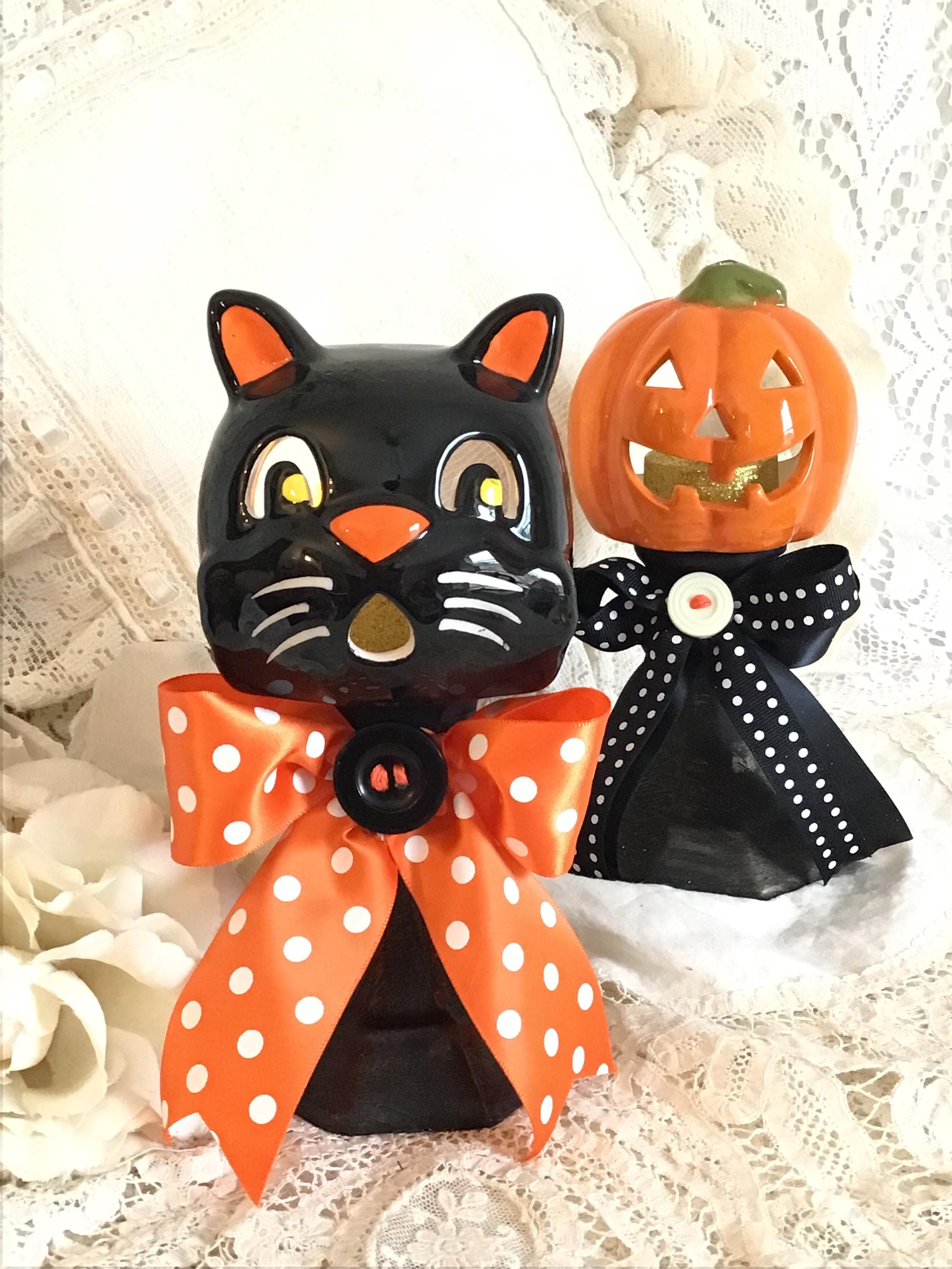 Bougeoir Vintage Chat Noir – Déco Halloween Primitive, Métal Américain