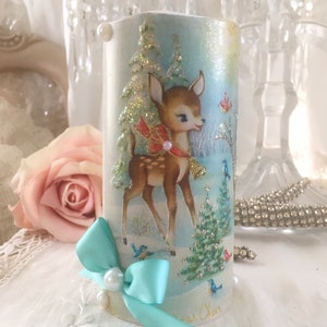 ヴィンテージクリスマス鹿、フレームレスキャンドル、レトロクリスマスキャンドル、キッチュ、電池式キャンドル、ファームハウスクリスマス、コテージシック、ファニーピピン