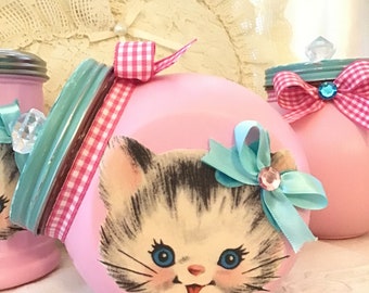 Vintage Atomic Pink Kitty Cat Förvaringsburk: Retro Köksinredning
