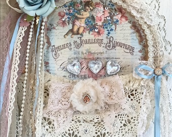 French Lace and Cherub Wall Pocket, Shabby Wall Hanging, Decorative Hanging Memo Holder Tray, Cottage Chic, Fanny Pippin