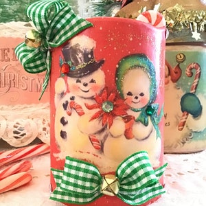 Vintage Snowman Christmas, Flameless Candle, Retro Christmas Candle, Kitsch, Battery candle, Farmhouse Christmas, cottage chic, Fanny Pippin
