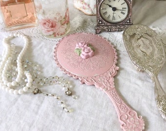 Shabby Chic Pink Hand Mirror: Rose Applique, Distressed Vanity Decor