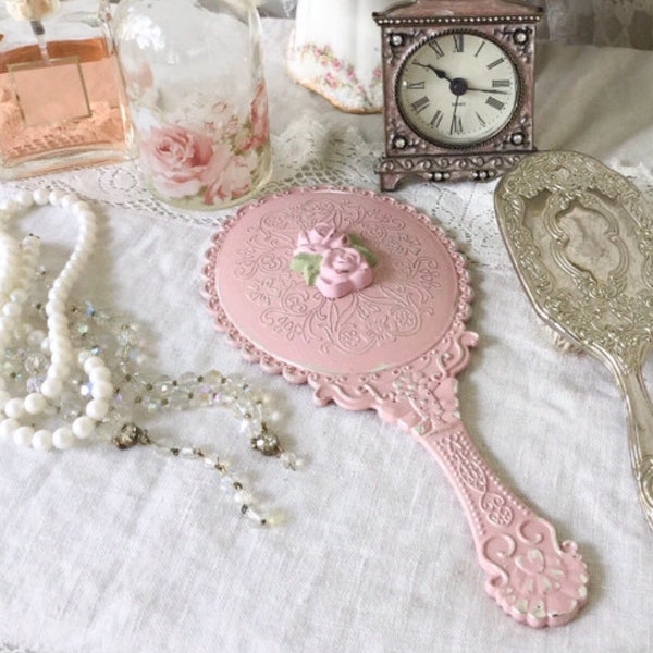 Shabby Pink Hand Mirror, Vanity Mirror, Dressing table mirror, Pink Rose, chippy distressed, vintage style hand mirror, shabby cottage