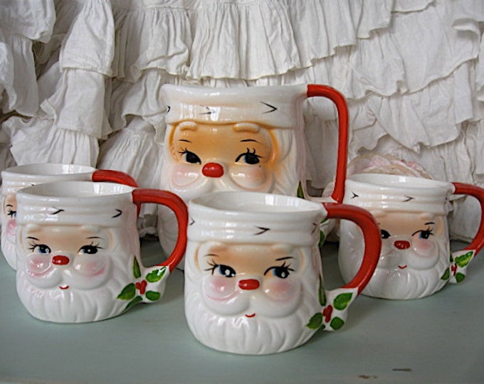 Vintage Santa Pitcher and Mug Set, Set of Four of Santa Mugs, Santa