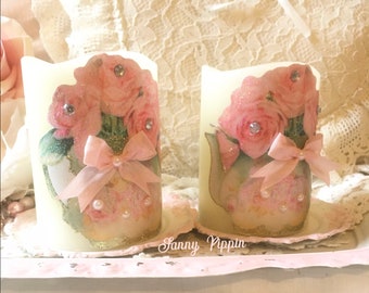 Shabby Pink Teapot Roses Flameless Candles, Victorian tearoom, flickering candle, Cottage Chic, Pink Kitchen Decor, Fanny Pippin